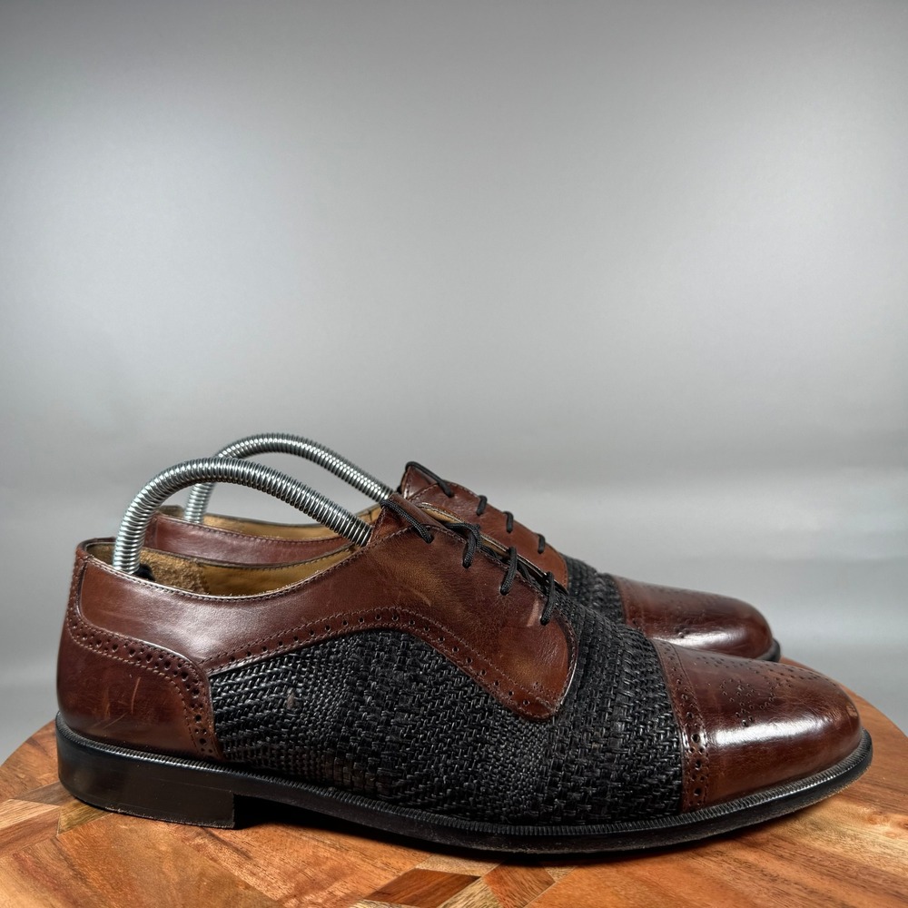 Johnston & Murphy Cellini Mens 9 M Brown Black Woven Leather Cap Toe Oxford